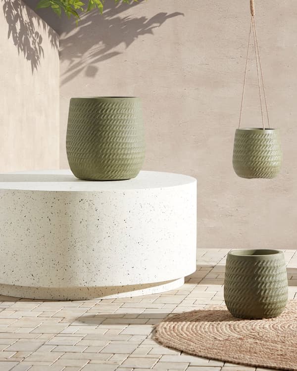 Blomsterpotte grønn fiberleire ⌀ 27 cm rund blomsterkrukke til utendørs bruk med preget mønster