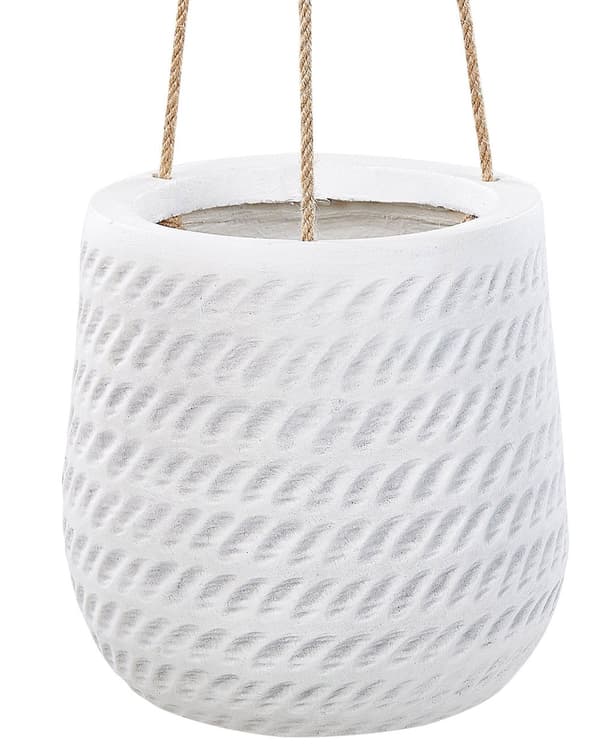 Hengende Blomsterpotte off-white fiberleire ⌀ 20 cm rund blomsterkrukke i jutesnor med preget mønster