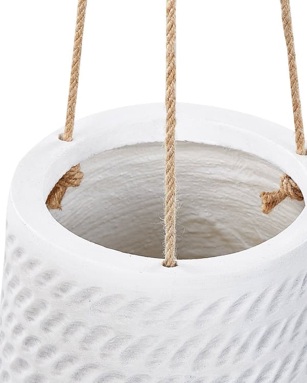 Hengende Blomsterpotte off-white fiberleire ⌀ 20 cm rund blomsterkrukke i jutesnor med preget mønster