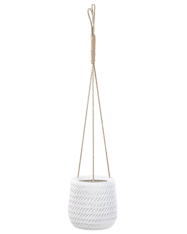 Hengende Blomsterpotte off-white fiberleire ⌀ 20 cm rund blomsterkrukke i jutesnor med preget mønster
