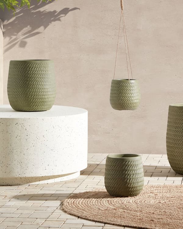 Blomkruka Grön Fiberlera ⌀ 19 cm Rund blomkruka för utomhusbruk Präglat mönster