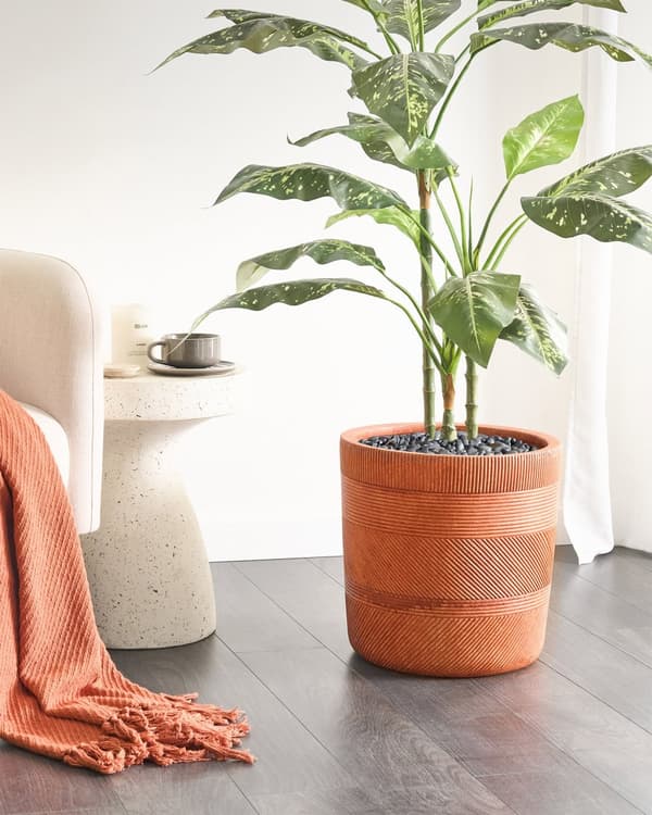 Blomkruka gyllenbrun fiberlera ⌀ 40 cm rund blomkruka för utomhusbruk Präglat mönster