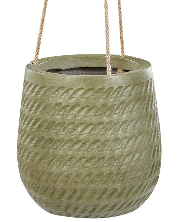 Hängande blomkruka Grön Fiberlera ⌀ 20 cm rund blomkruka med jutesnöre Präglat mönster