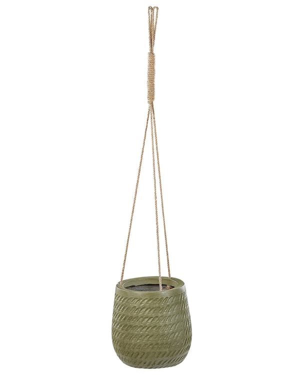 Hängande blomkruka Grön Fiberlera ⌀ 20 cm rund blomkruka med jutesnöre Präglat mönster