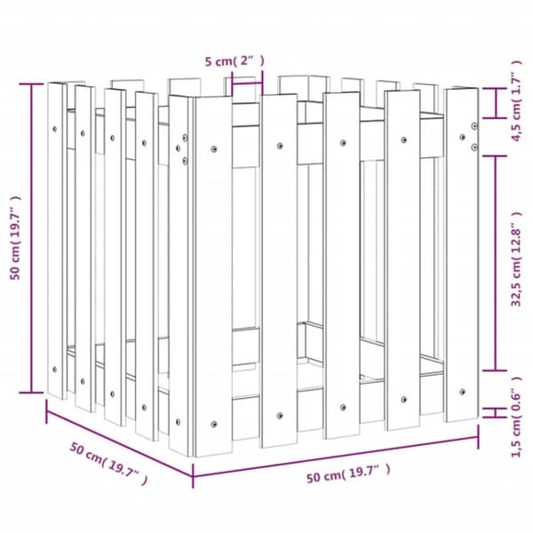 vidaXL Plantekasse med gjerdedesign hvit 50x50x50 cm heltre furu
