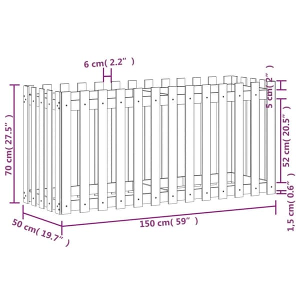 vidaXL Høybed med gjerdedesign hvit 150x50x70 cm heltre furu