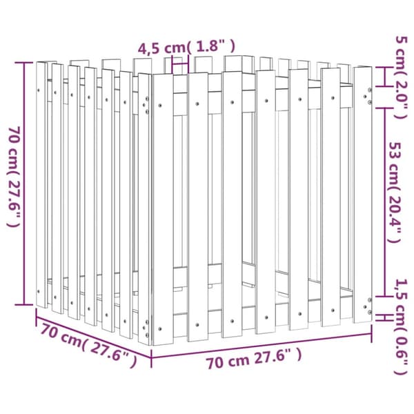 vidaXL Plantekasse med gjerdedesign hvit 70x70x70 cm heltre furu