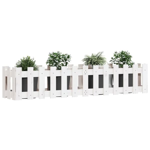 vidaXL Odlingslåda med staket-design vit 150x30x30 cm massiv furu