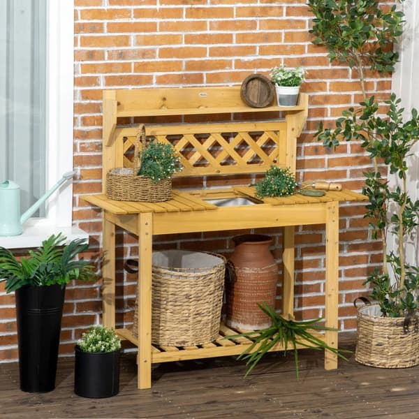 Rootz Havearbejdsbord - Integreret vask i rustfrit stål - 2 hylder - Massivt træ - Brun - 92 x 45 x 120 cm