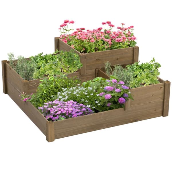 Rootzin korotettu sänky - 4 istutuskonetta 3 tasossa - Säänkestävä - Massiivipuu - Luonnollinen - 122 cm x 122 cm x 51 cm