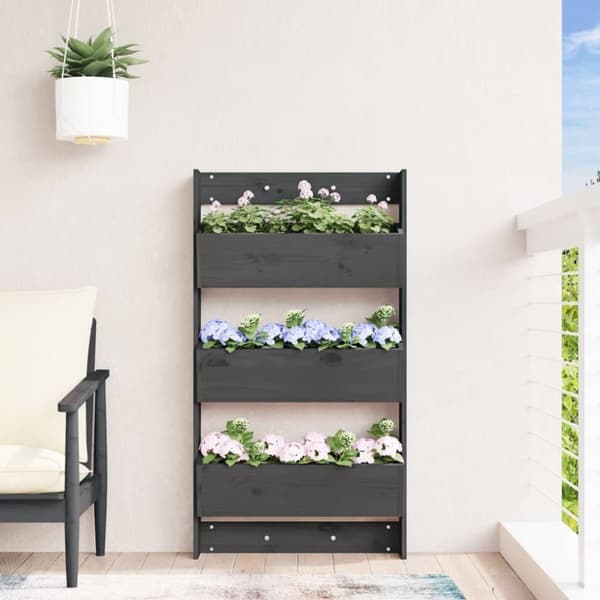 vidaXL plantevæg 60x18,5x110 cm 3 niveauer massivt fyrretræ grå