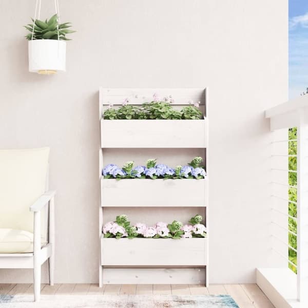 vidaXL plantevæg 60x18,5x110 cm 3 niveauer massivt fyrretræ hvid