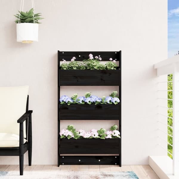 vidaXL plantevæg 60x18,5x110 cm 3 niveauer massivt fyrretræ sort