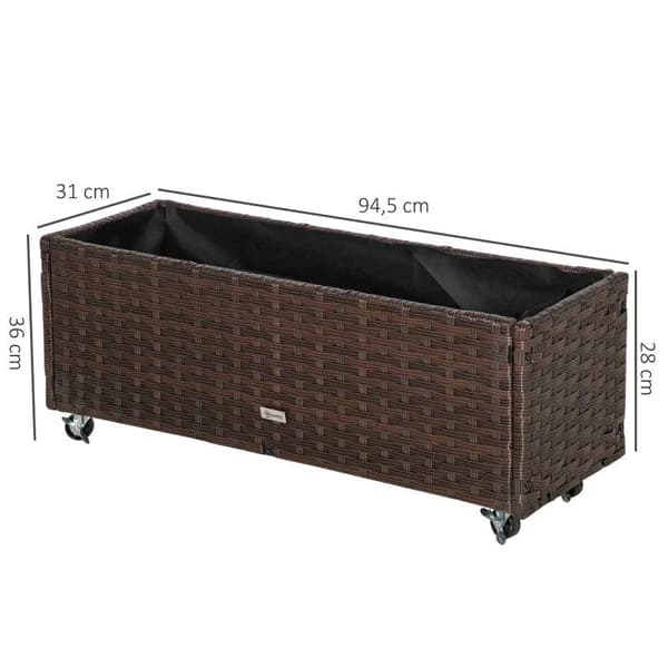 Rootz Højbed - Rattan Haveseng - Blomsterkasse - Polyrattan med hjul - Plantekasse med drænhuller - Kaffebrun - 94,5 x 31 x 36 cm