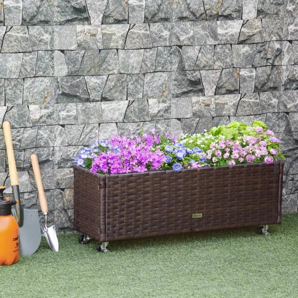 Rootz Højbed - Rattan Haveseng - Blomsterkasse - Polyrattan med hjul - Plantekasse med drænhuller - Kaffebrun - 94,5 x 31 x 36 cm