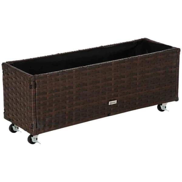 Rootz Højbed - Rattan Haveseng - Blomsterkasse - Polyrattan med hjul - Plantekasse med drænhuller - Kaffebrun - 94,5 x 31 x 36 cm