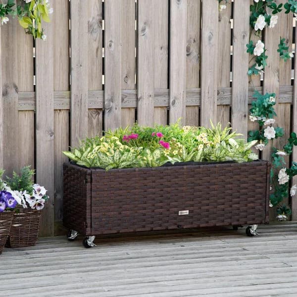 Rootz Højbed - Rattan Haveseng - Blomsterkasse - Polyrattan med hjul - Plantekasse med drænhuller - Kaffebrun - 94,5 x 31 x 36 cm