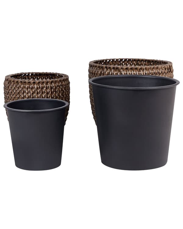 Urtepotte brun polyrattan 2 stk. sæt rund plastforing til indendørs og udendørs brug