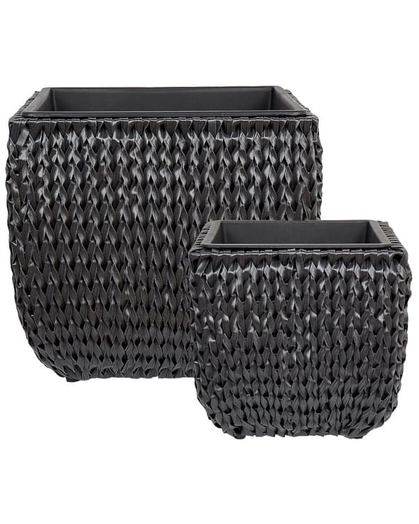 Blomsterkrukke sort polyrattan 2 stk. sæt rund plastforing til indendørs og udendørs brug