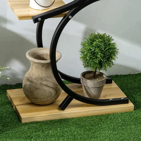 Rootz Flower Stand - Plantestativ med 4 hylder - Massivt træ - Vejrbestandig - Sort + Naturlig - 46 cm x 25 cm x 91 cm