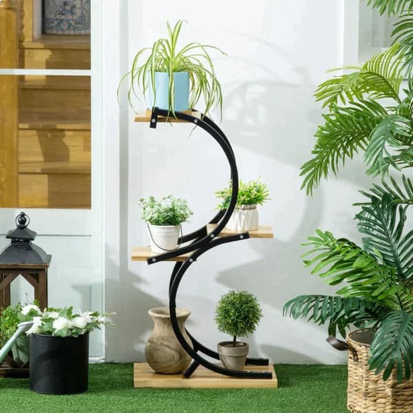 Rootz Flower Stand - Plantestativ med 4 hylder - Massivt træ - Vejrbestandig - Sort + Naturlig - 46 cm x 25 cm x 91 cm