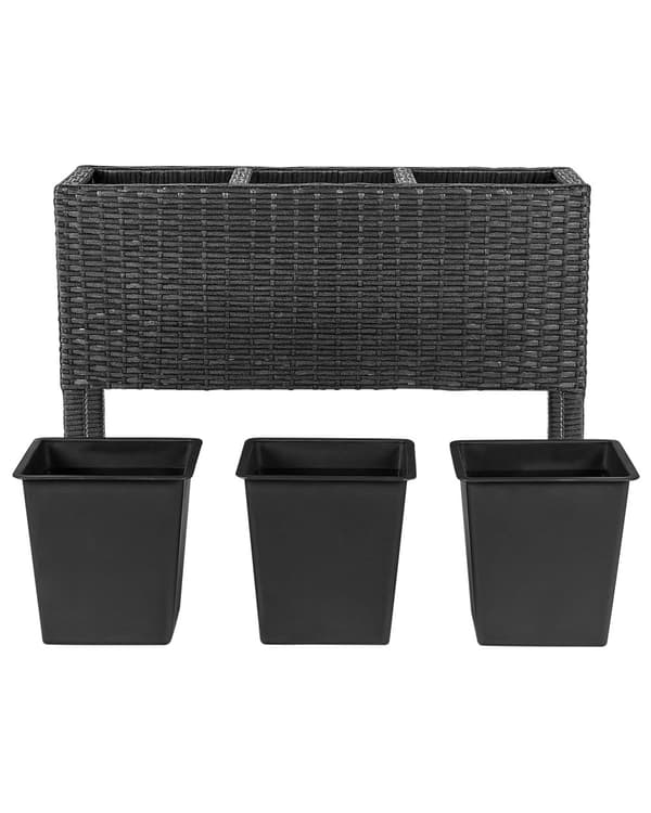 Urtepotte sort polyrotink rektangulær til indendørs og udendørs 3 planter med plastforing
