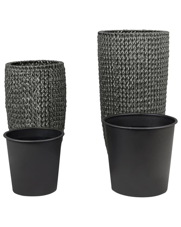 Blomsterkrukke i sort polyrattan til indendørs og udendørs brug med plastforing