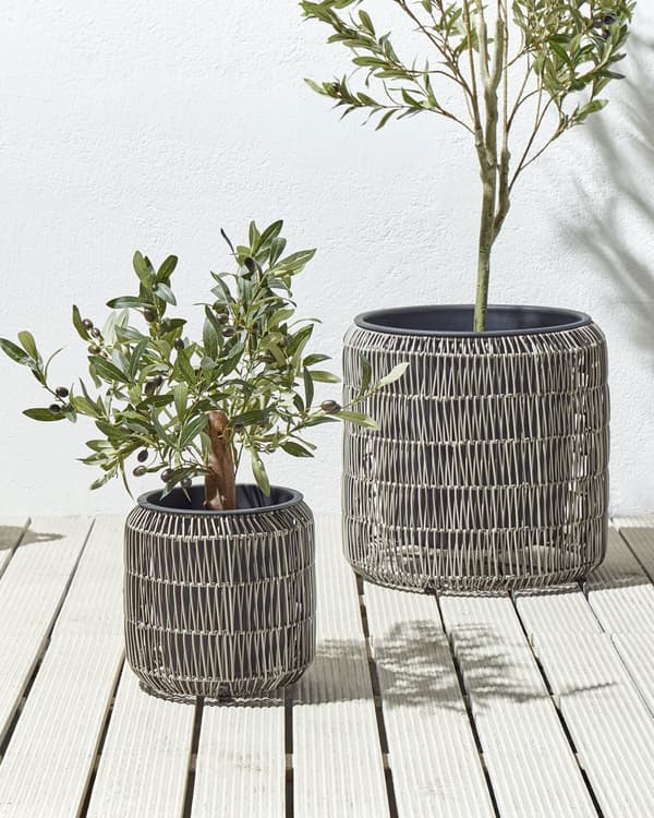 Blomsterkrukke sort polyrattan 2 stk. sæt rund til indendørs og udendørs brug med plastforing