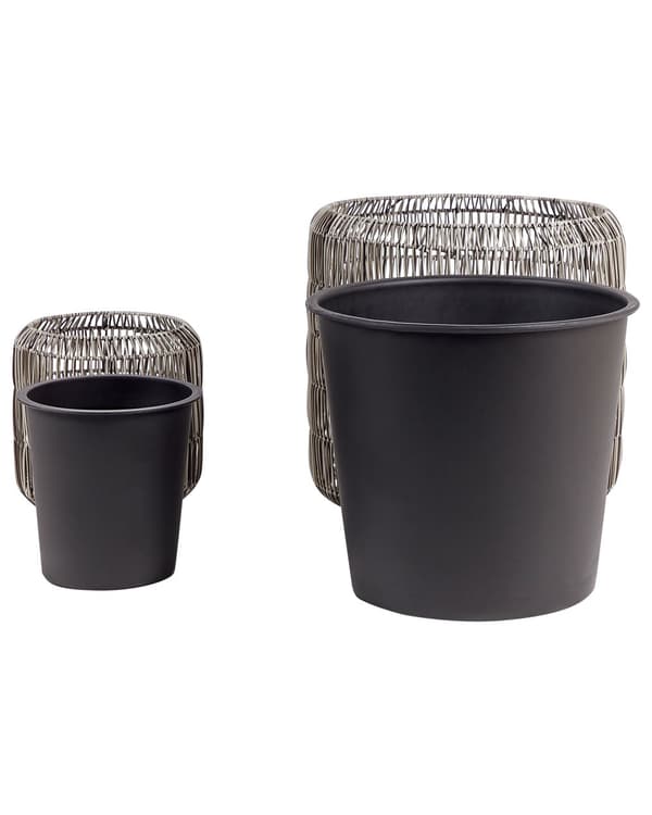 Blomsterkrukke sort polyrattan 2 stk. sæt rund til indendørs og udendørs brug med plastforing