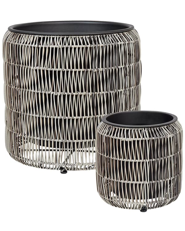 Blomsterkrukke sort polyrattan 2 stk. sæt rund til indendørs og udendørs brug med plastforing