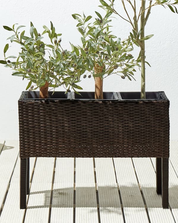 Urtepotte brun polyrotink rektangulær til indendørs og udendørs 3 planter med plastforing