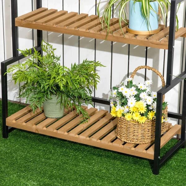 Rootz Flower Stand - 3-vånings växtställ med fästkrokar - Naturligt trä Växtställ - Naturligt - 80 cm x 36 cm x 174 cm