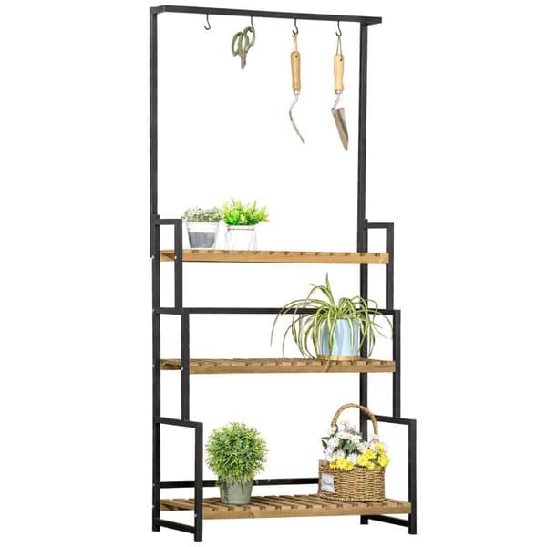 Rootz Flower Stand - 3-vånings växtställ med fästkrokar - Naturligt trä Växtställ - Naturligt - 80 cm x 36 cm x 174 cm
