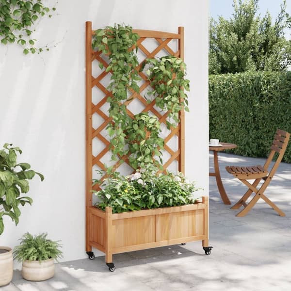 vidaXL plantekasse med espalier og hjul massivt fyrretræ brun