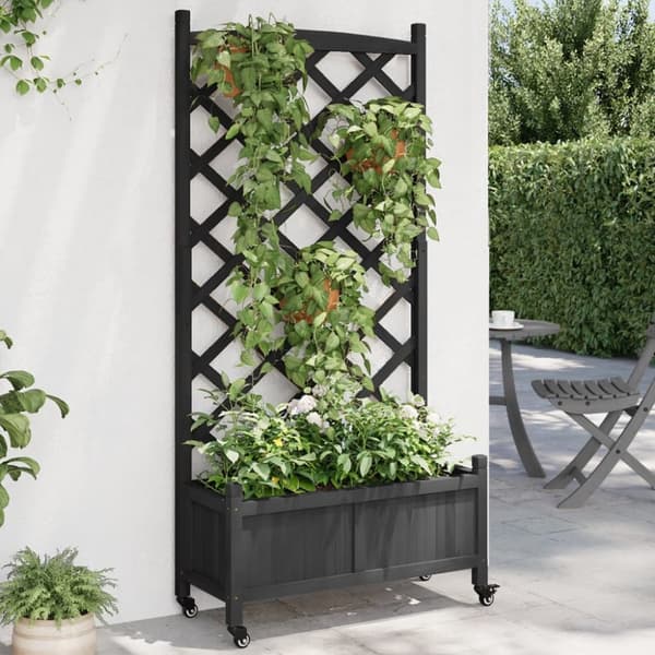 vidaXL Plantekasse med espalier og hjul svart heltre gran