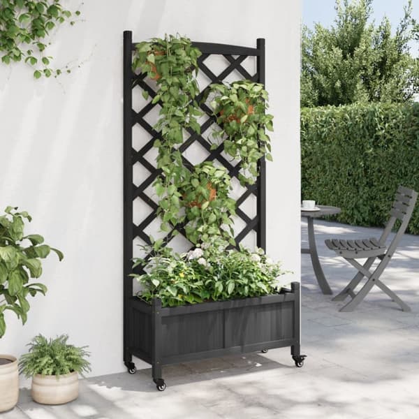 vidaXL Plantekasse med espalier og hjul svart heltre gran