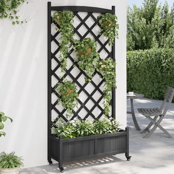vidaXL plantekasse med espalier og hjul massivt fyrretræ sort