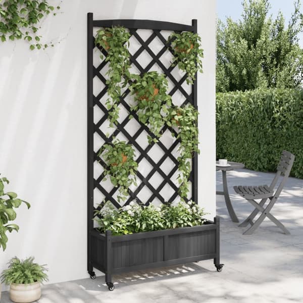 vidaXL plantekasse med espalier og hjul massivt fyrretræ sort
