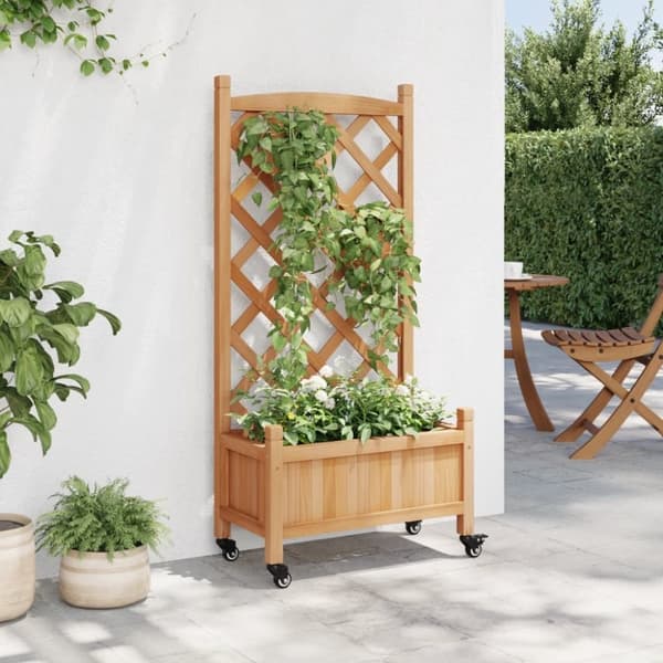 vidaXL Plantekasse med espalier og hjul brun heltre gran