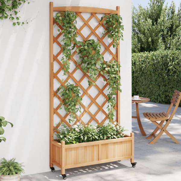 vidaXL plantekasse med espalier og hjul massivt fyrretræ brun