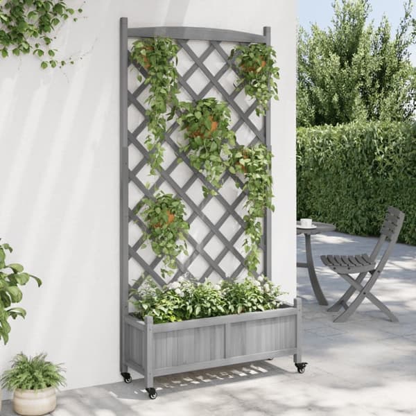 vidaXL plantekasse med espalier og hjul massivt fyrretræ grå