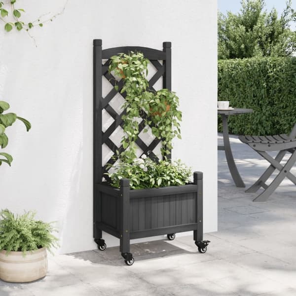 vidaXL Plantekasse med espalier og hjul svart heltre gran