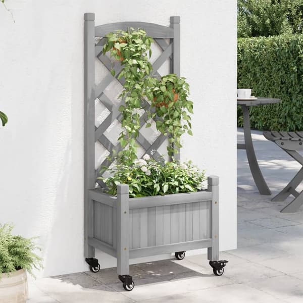 vidaXL plantekasse med espalier og hjul massivt fyrretræ grå