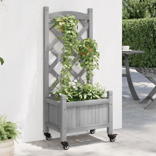 vidaXL plantekasse med espalier og hjul massivt fyrretræ grå