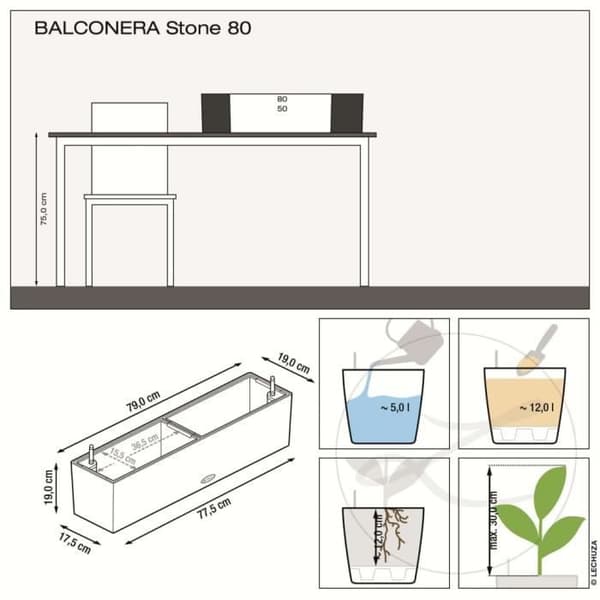 LECHUZA BALCONERA Stone 80 ALL-IN-ONE Planterkruka Svart