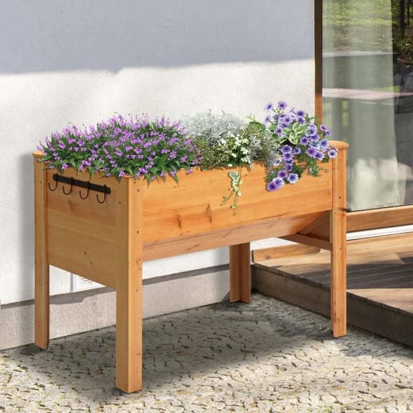 Rootz Højseng - Træhøjbed - Urtebed - Plantekasse med drænhulskrog - Blomsterkasse med fødder - Massivt træ - Naturlig - 124 x 60 x 81 cm