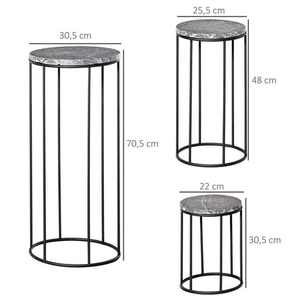 Rootz blomsterstativ - Sæt med 3 metal plantestativ - Marmoreffekt - Planteskammel - Urtepotte - Planteskammel til urtepotte - Sort + Grå - Ø22 x 30,5