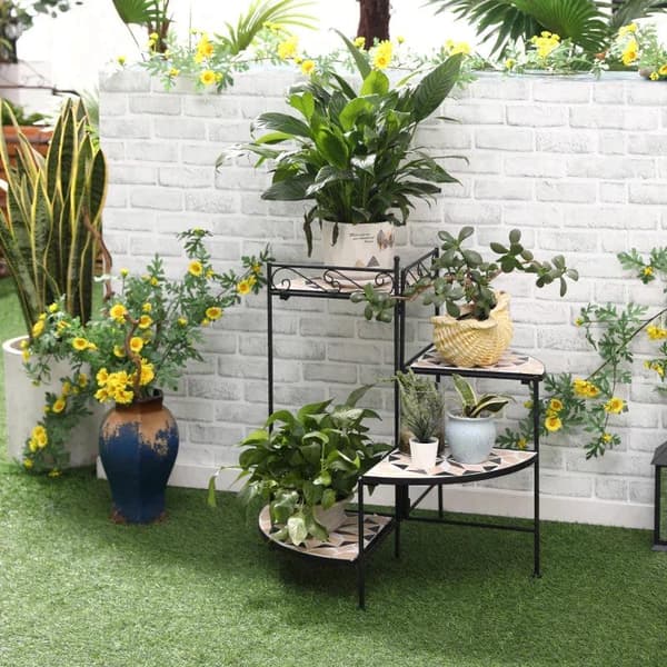 Rootz Blomsterstand - Plantehylde - Plantehylde - 4-lags Blomstertrappe - Sammenklappelig - Havebalkon - Metalkeramiske fliser - Sort/Beige - 64 x 64