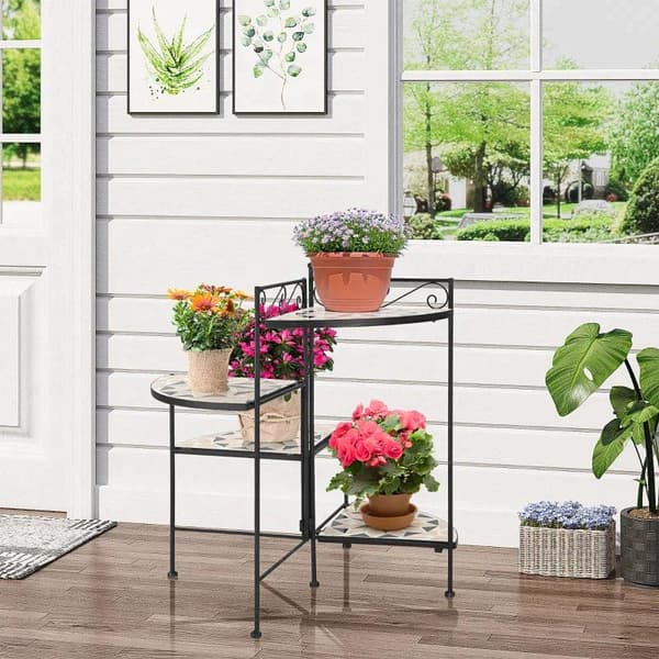 Rootz Blomsterstand - Plantehylde - Plantehylde - 4-lags Blomstertrappe - Sammenklappelig - Havebalkon - Metalkeramiske fliser - Sort/Beige - 64 x 64