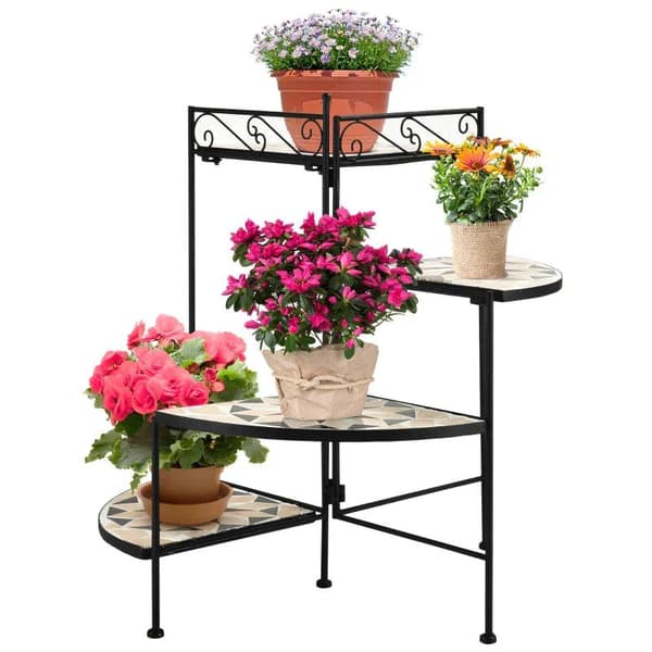 Rootz Blomsterstand - Plantehylde - Plantehylde - 4-lags Blomstertrappe - Sammenklappelig - Havebalkon - Metalkeramiske fliser - Sort/Beige - 64 x 64